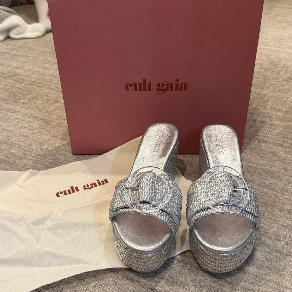 Cult Gaia Metallic Silver Platform Slides